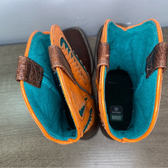 Ariat Quickdraw VentTek Western Wear Boots 4LR Youth 2 Orange Brown Blue Worn - Picture 10 of 15